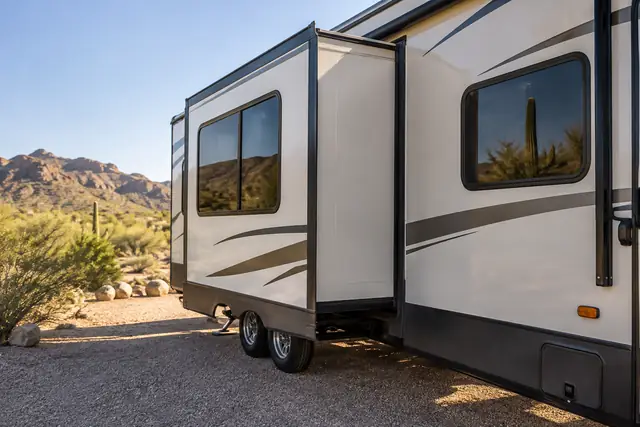 Illustrative camper with an extended slide-out