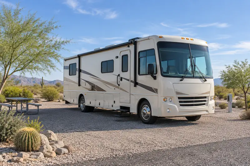 Illustrative motorhome parked at an Arizona desert RV site